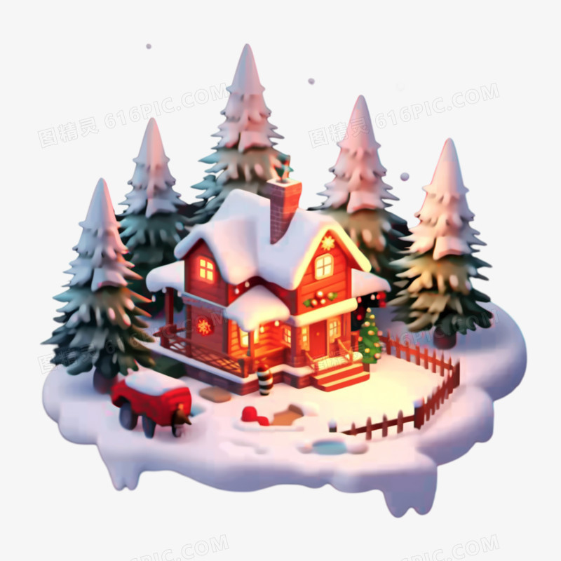 圣诞节林中小屋3d可爱模型免抠元素