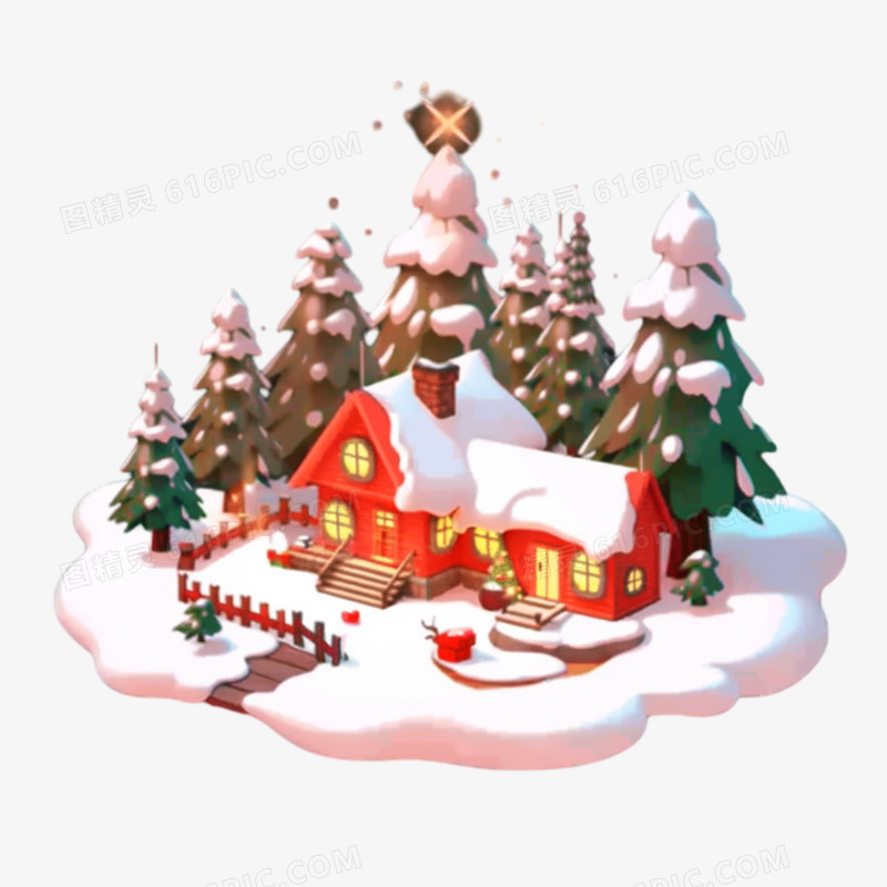 圣诞节林中小屋3d可爱模型免抠元素
