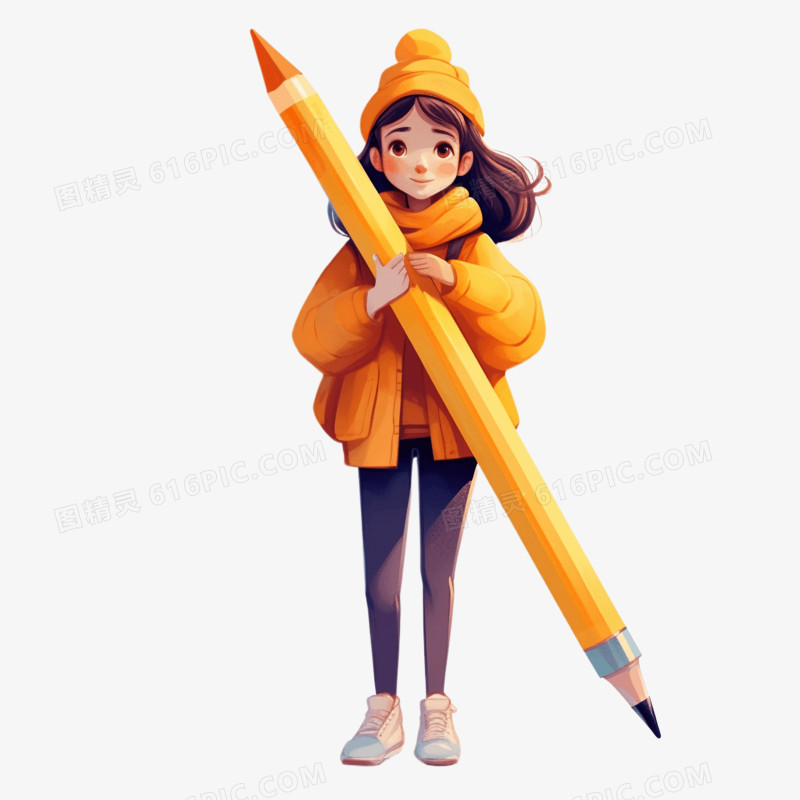 插画风小女孩拿着铅笔免抠元素