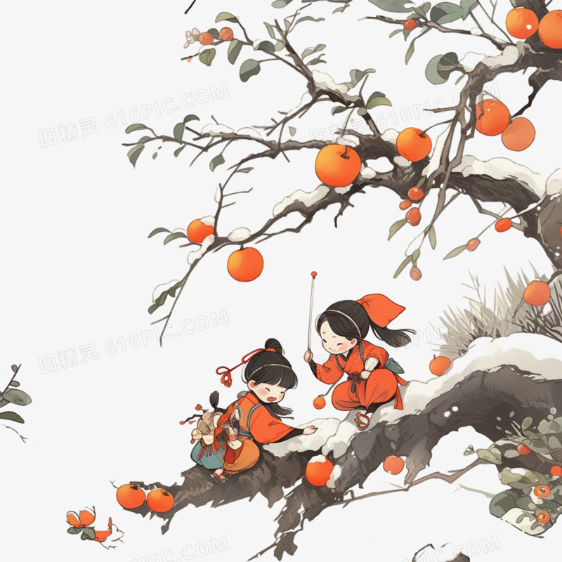 国风冬季在柿子树下玩耍的小朋友插画