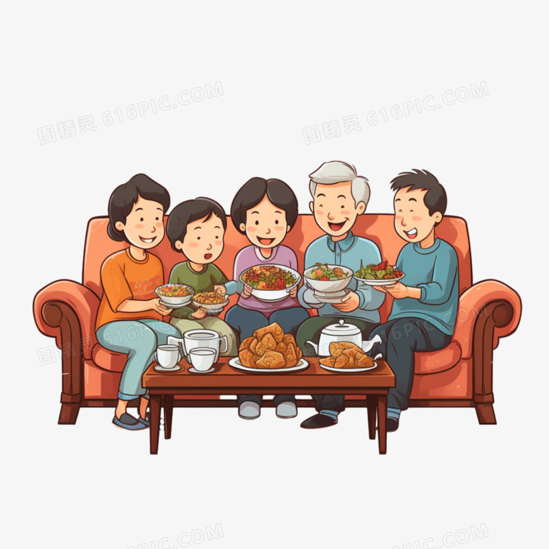 手绘一家人坐在一起吃饭免抠元素