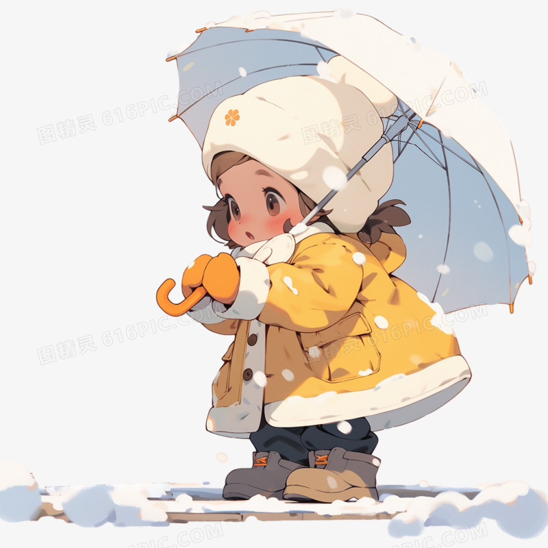 黄衣小女孩雪中撑伞插画