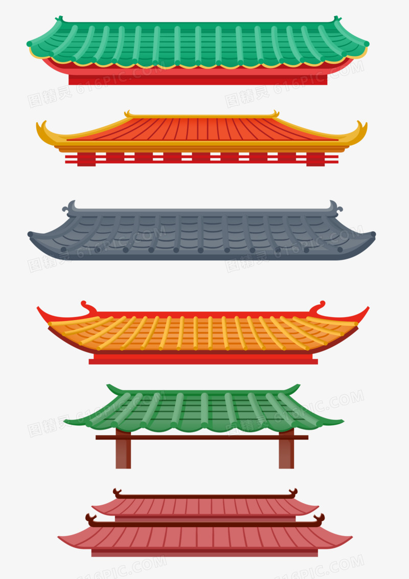 一组手绘插画中国风古代建筑瓦片屋檐套图合集元素