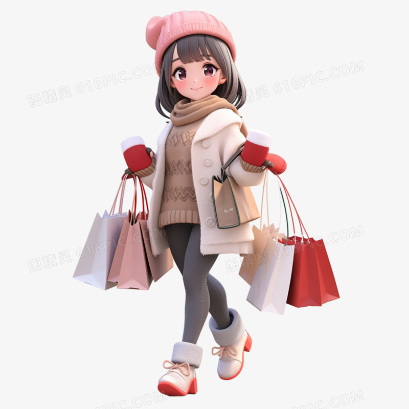 3D女人冬装购物免抠元素