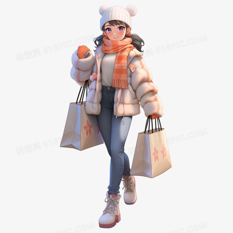 3D女人冬装购物免抠元素