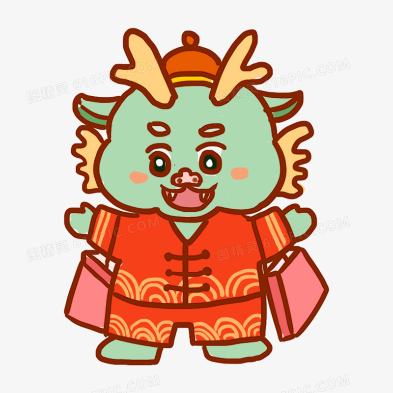 手绘卡通龙一家人买年货免抠元素二