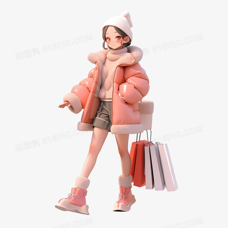 3D女人冬装购物免抠元素