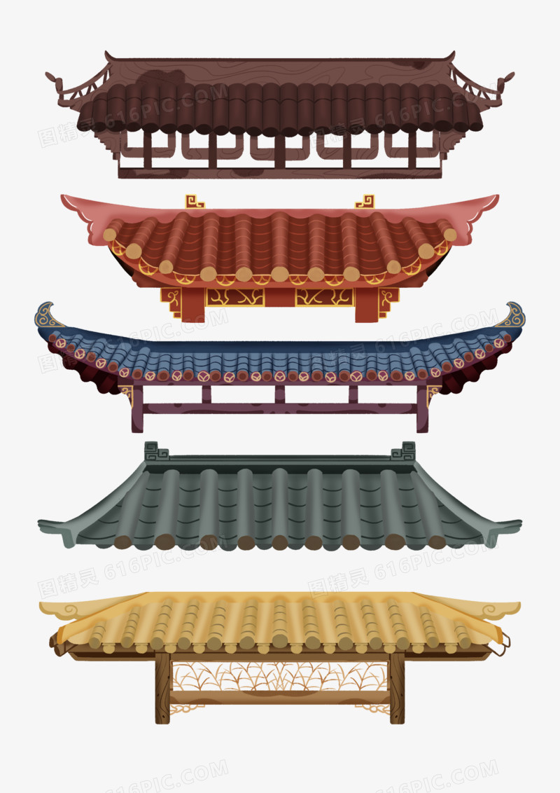 一组中国风古代建筑瓦片屋檐合集元素