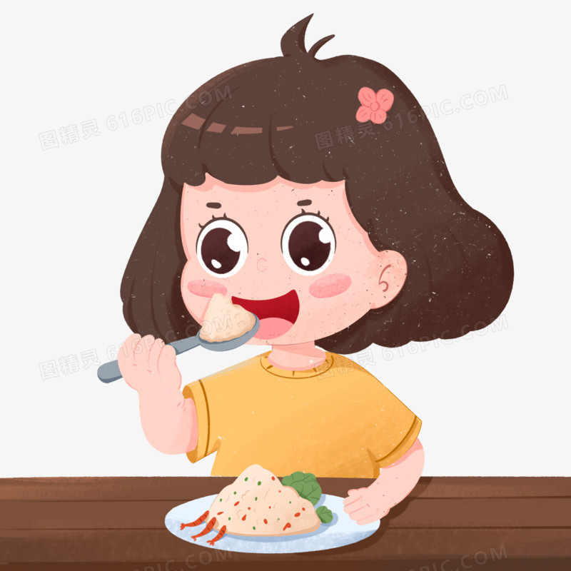 可爱小女孩开心大口的吃着炒饭免抠元素