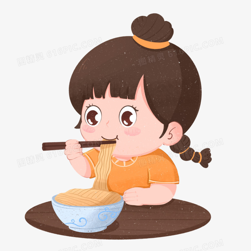 卡通手绘可爱小女孩吃面条免抠元素