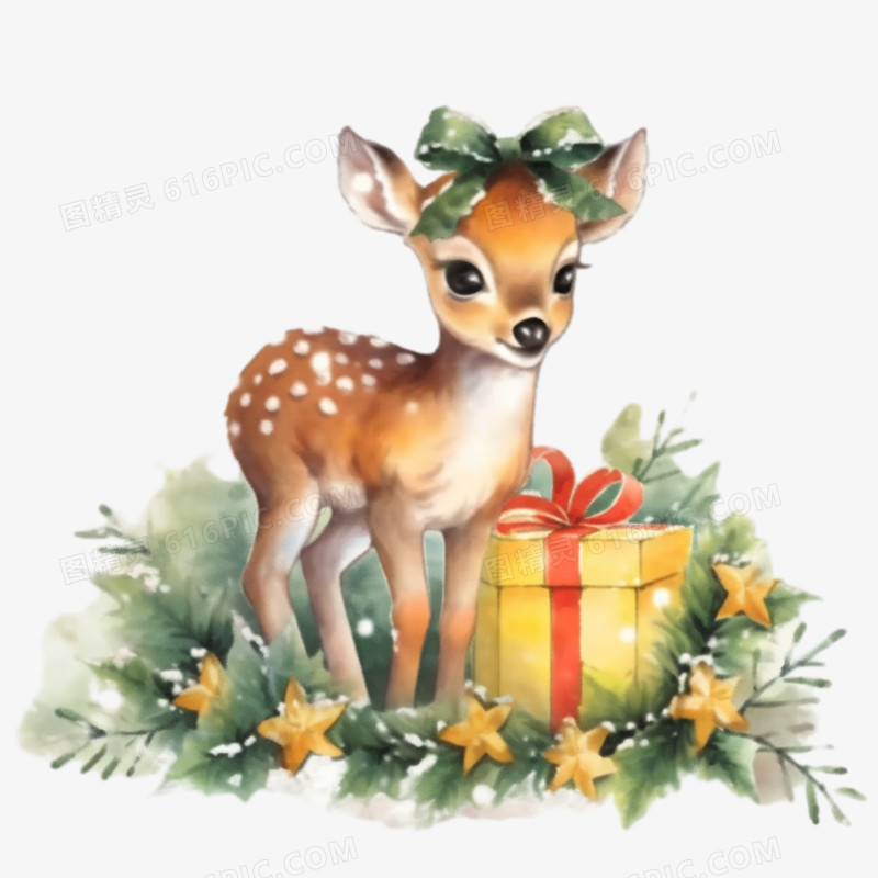 插画水彩圣诞小鹿免抠元素