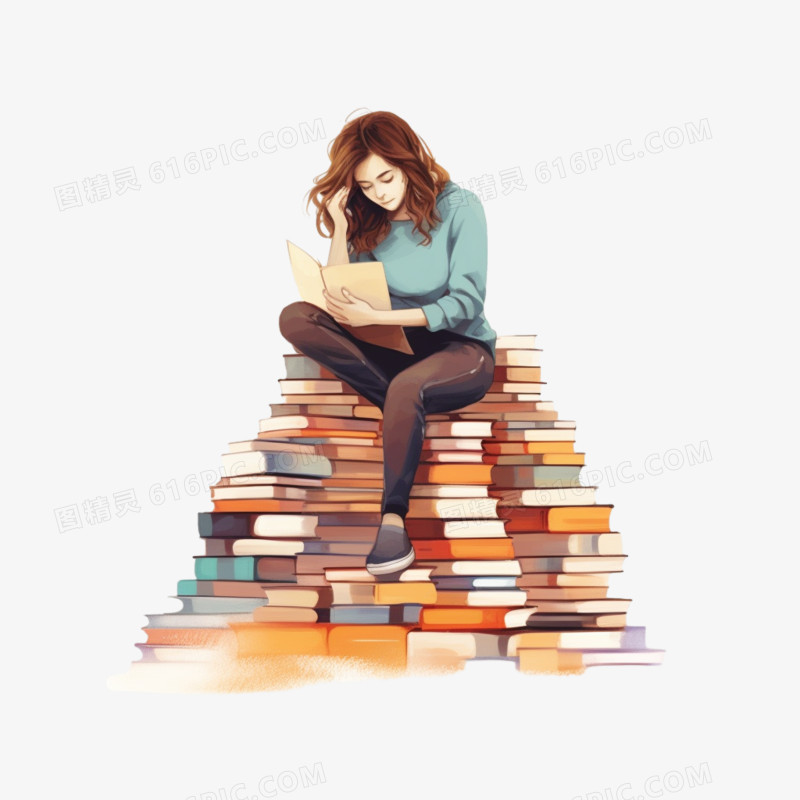 女孩子坐在书堆上看书免抠