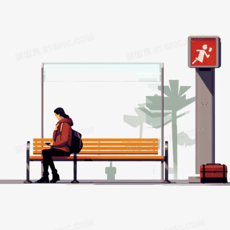 在公共汽车站等车的人简约插画