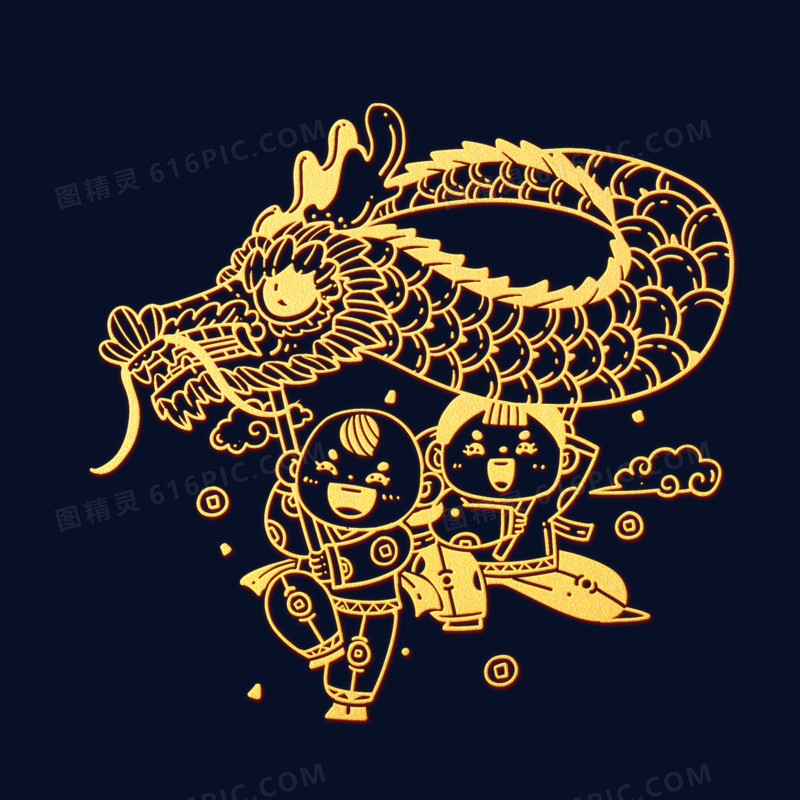 一套中国风传统金色剪纸新年活动舞龙