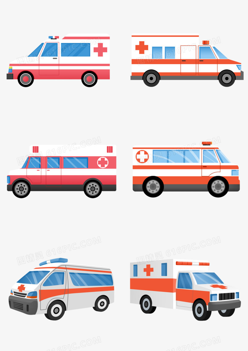 一组手绘插画不同样式的救护车套图合集元素