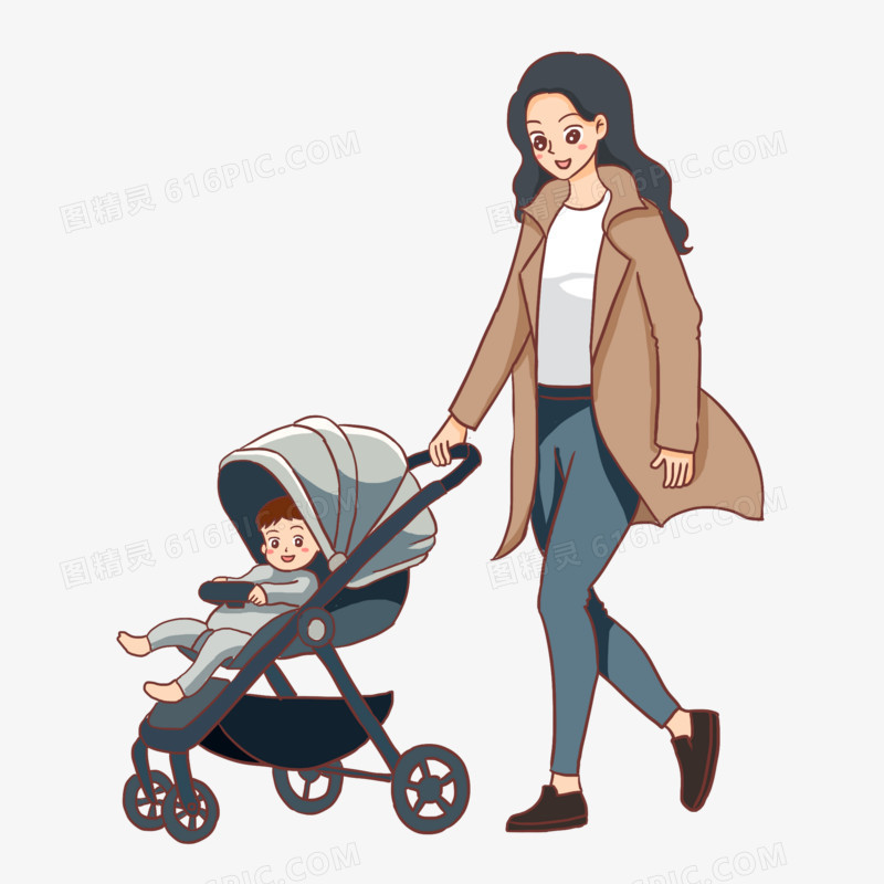 手绘卡通妈妈推着婴儿车散步免抠元素