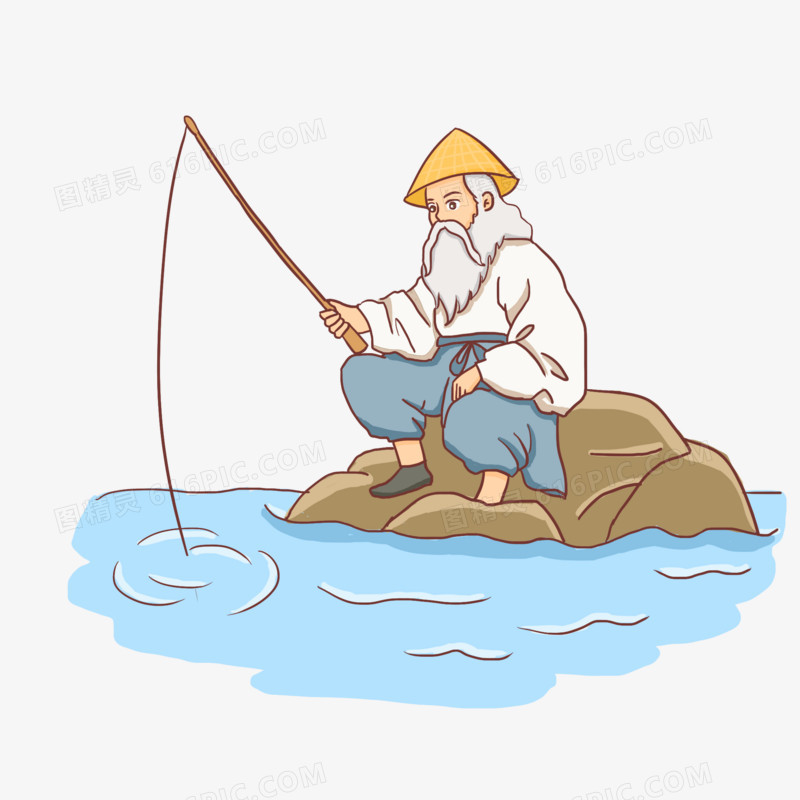 手绘卡通渔翁河边钓鱼老人免抠元素