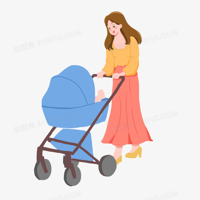 手绘卡通妈妈用婴儿车推着散步免抠元素