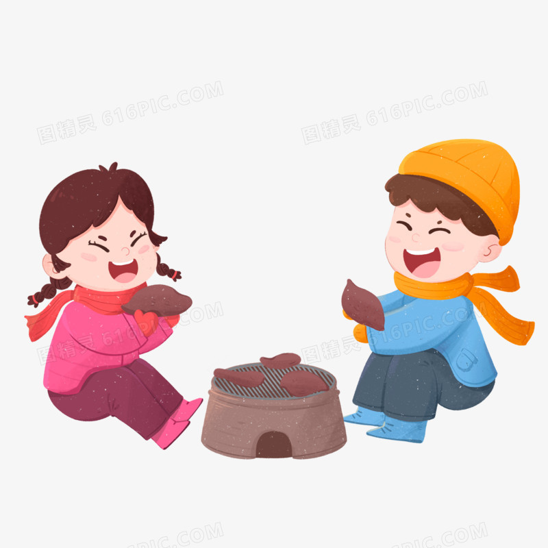 卡通手绘两个小朋友在户外围炉烤地瓜素材