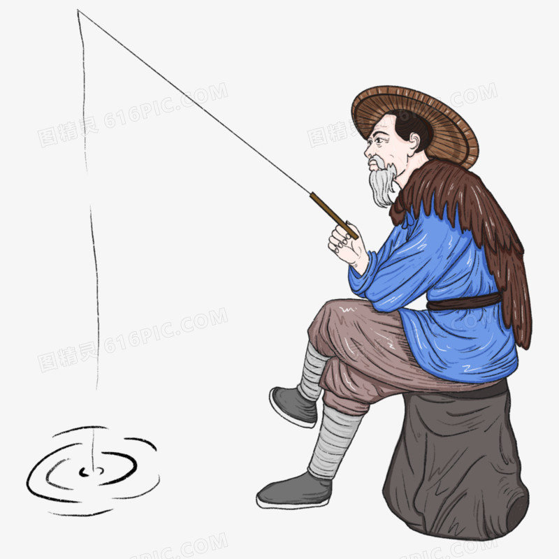 手绘古代渔翁钓鱼免抠元素
