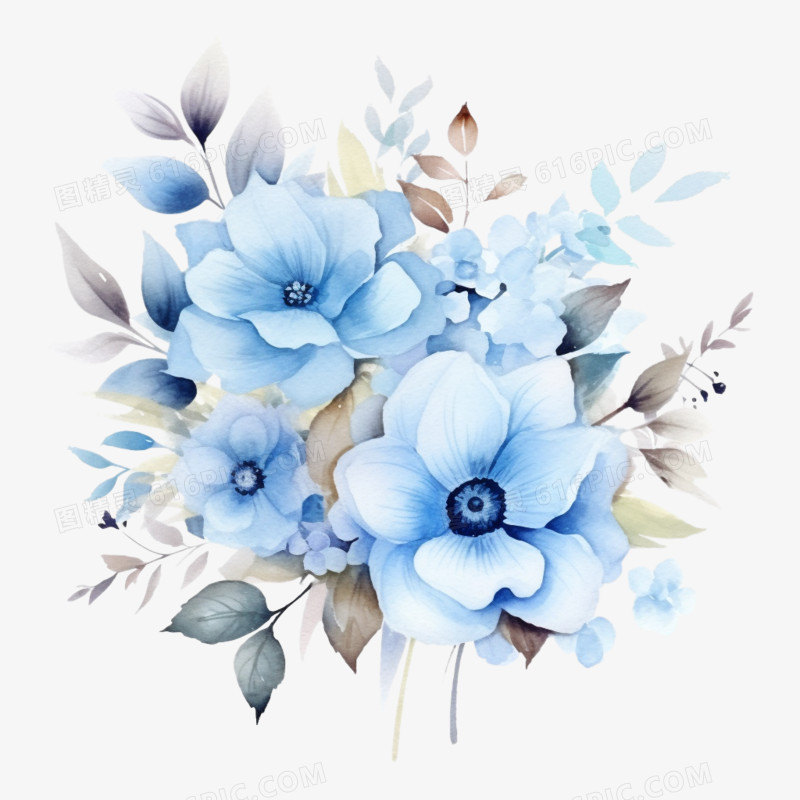 蓝色淡雅花朵免抠元素