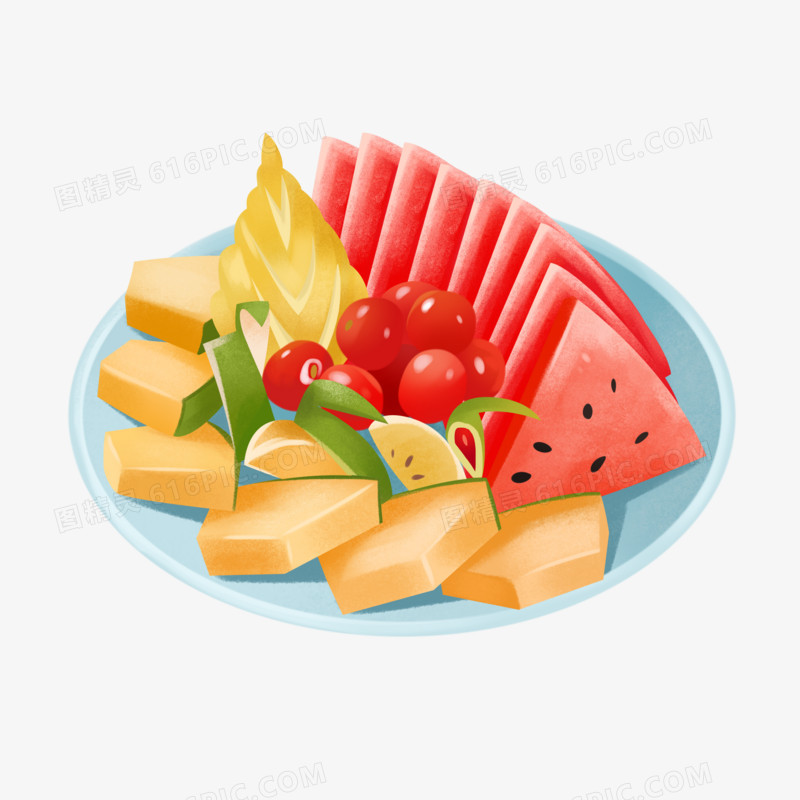 手绘美味水果果盘插画元素