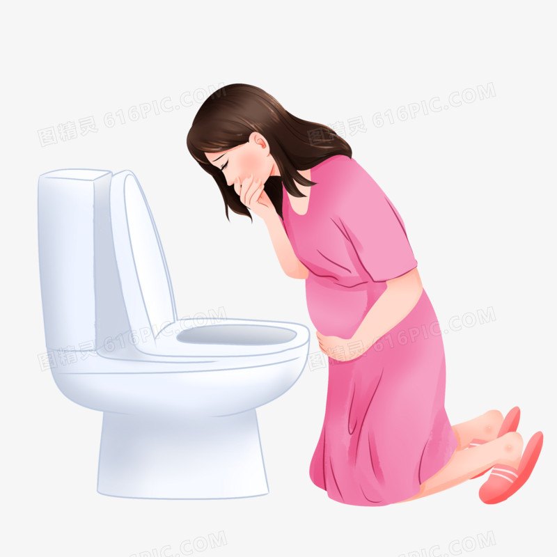 手绘插画风妊娠期跪在马桶边呕吐的孕妇元素