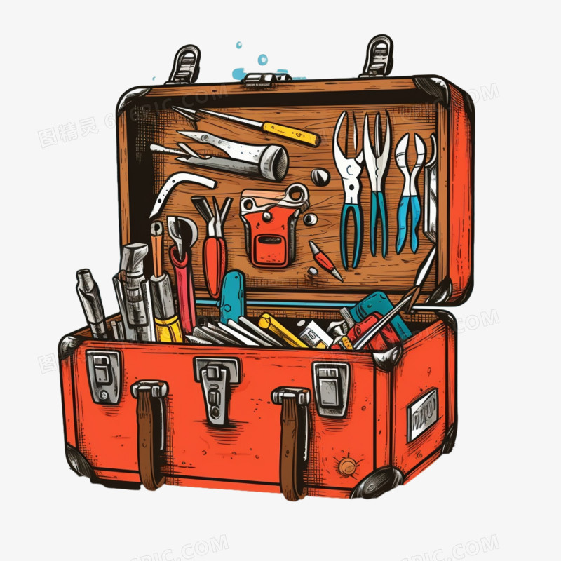 手绘装满工具的箱子免抠素材