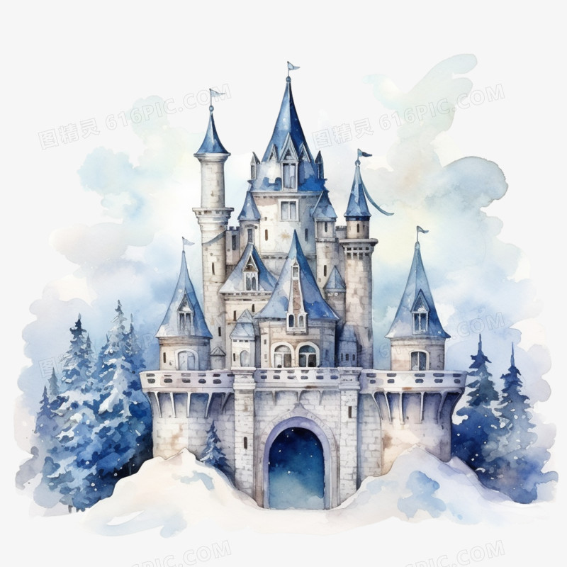 水彩风格童话城堡免抠素材