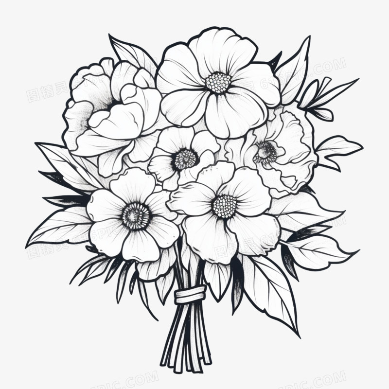 黑白线稿花朵免抠