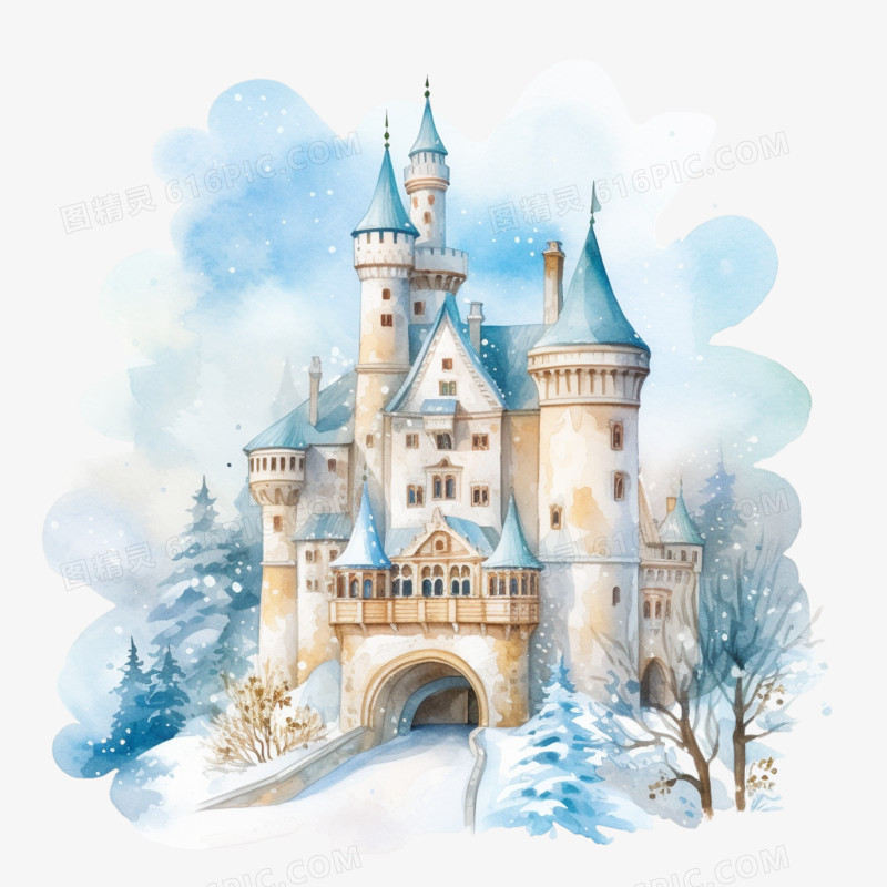 水彩风格童话城堡免抠素材