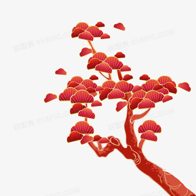 红色中式风格的国潮树素材