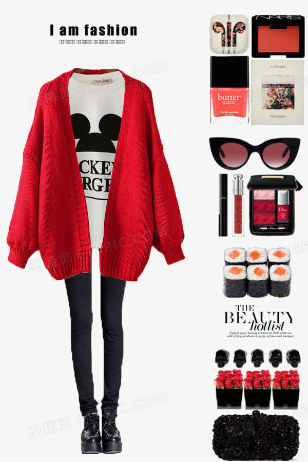 红色毛衣外套和黑色裤子