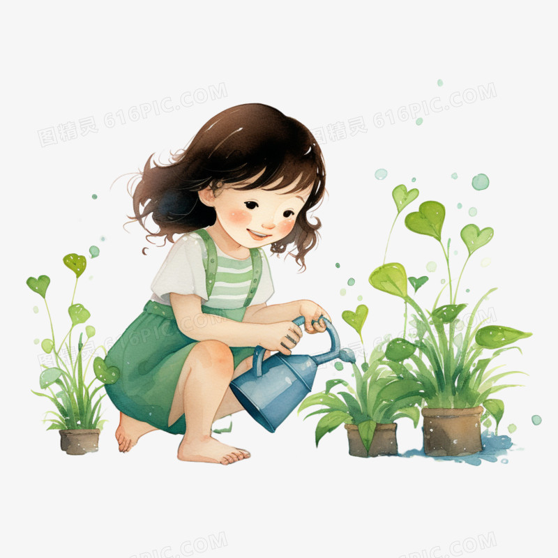 插画风女孩给植物浇水免抠素材