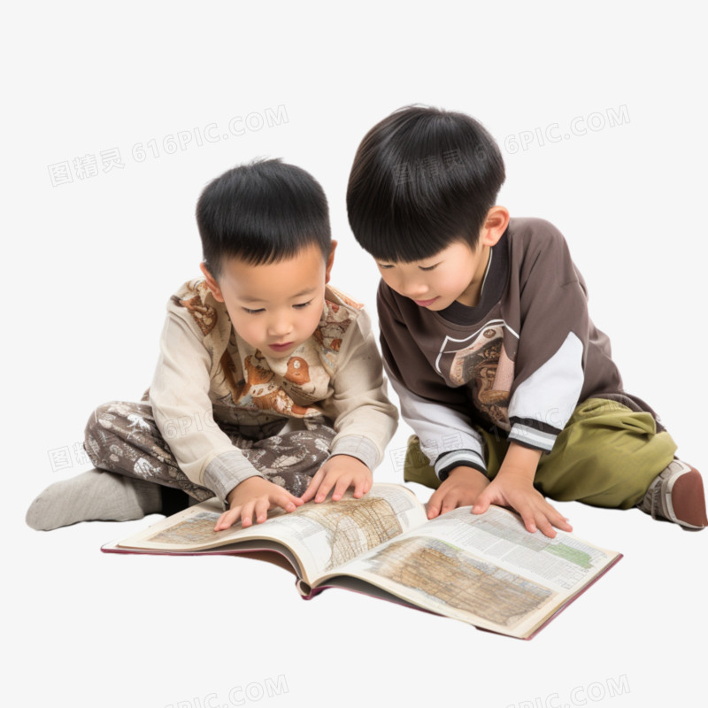 真人儿童在一起学习看书免抠元素
