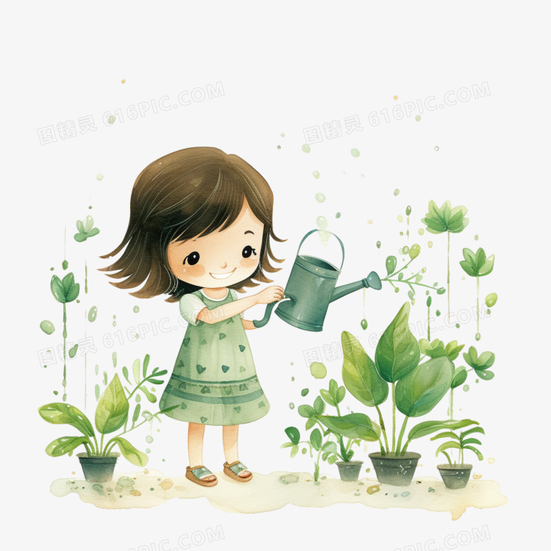 插画风女孩给植物浇水免抠素材