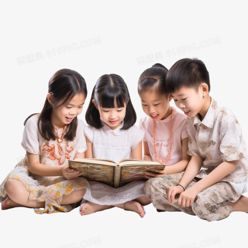 真人儿童在一起学习看书免抠元素