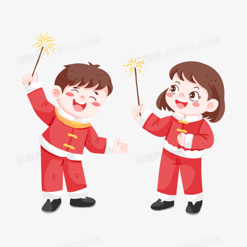 手绘新年男孩和女孩穿唐装放烟花素材