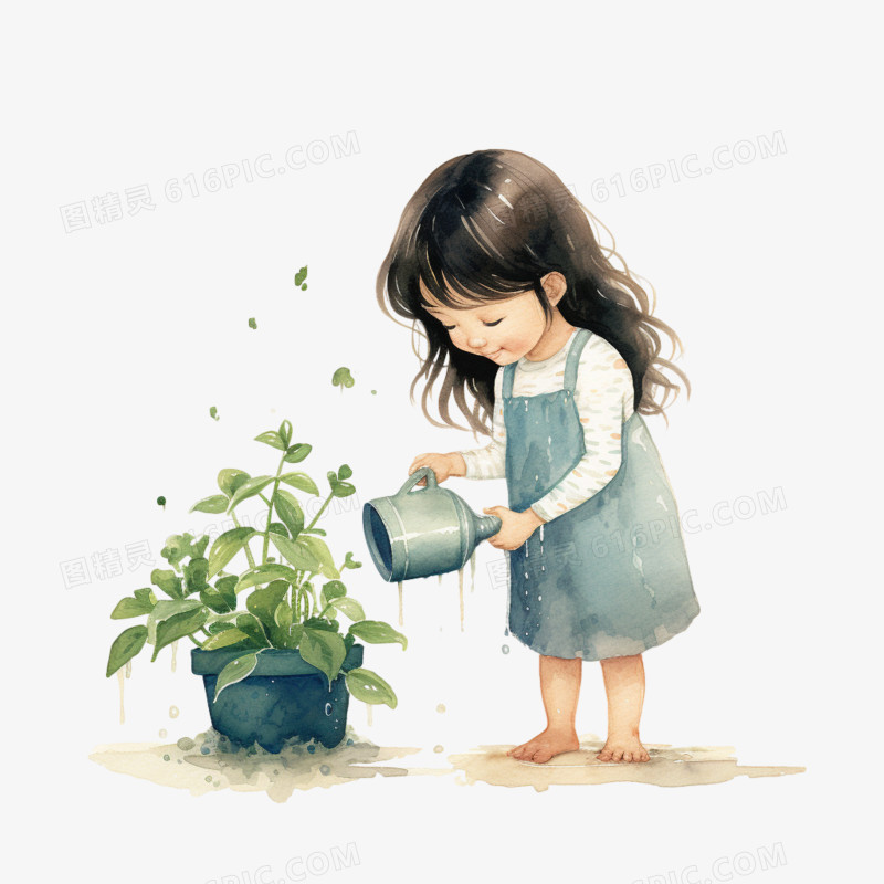 插画风小女孩给植物浇水免抠素材