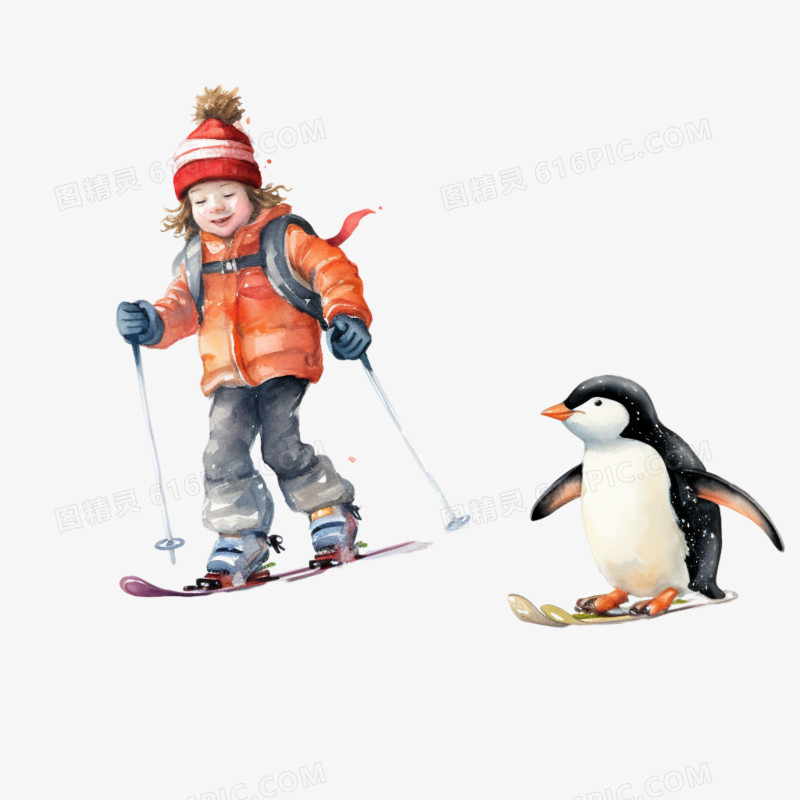 插画风和企鹅一起滑雪免抠素材