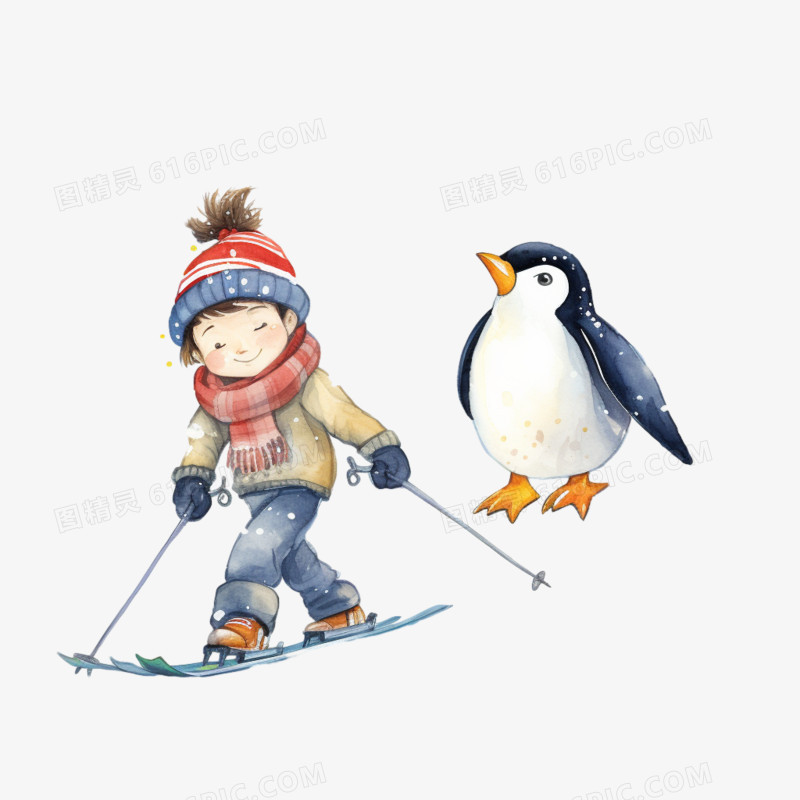 插画风和企鹅一起滑雪免抠素材