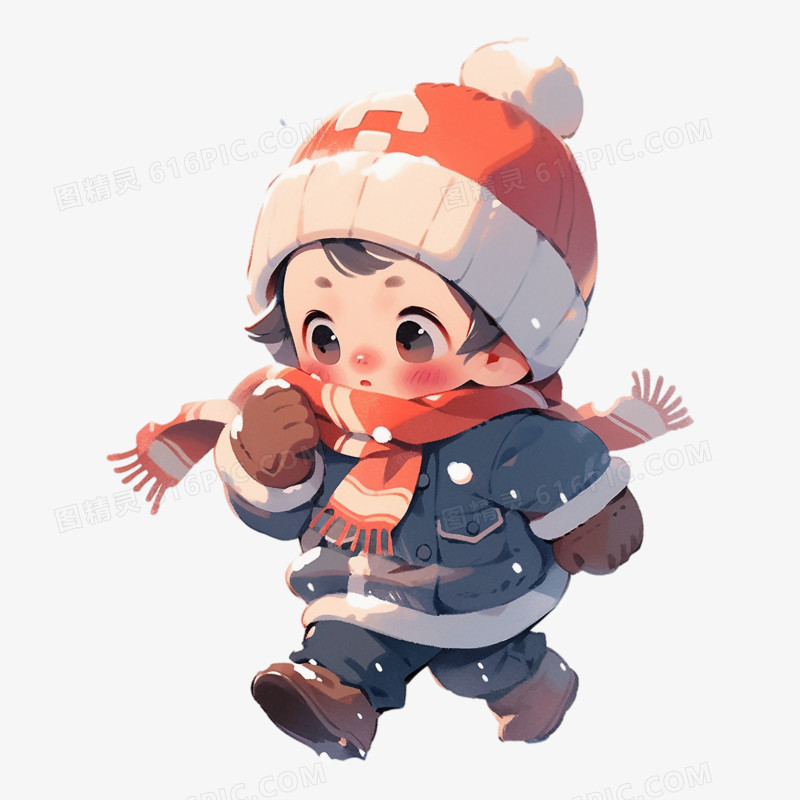 冬天奔跑中的小朋友插画