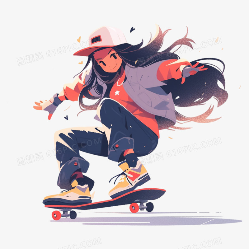 少女帅气玩滑板插画