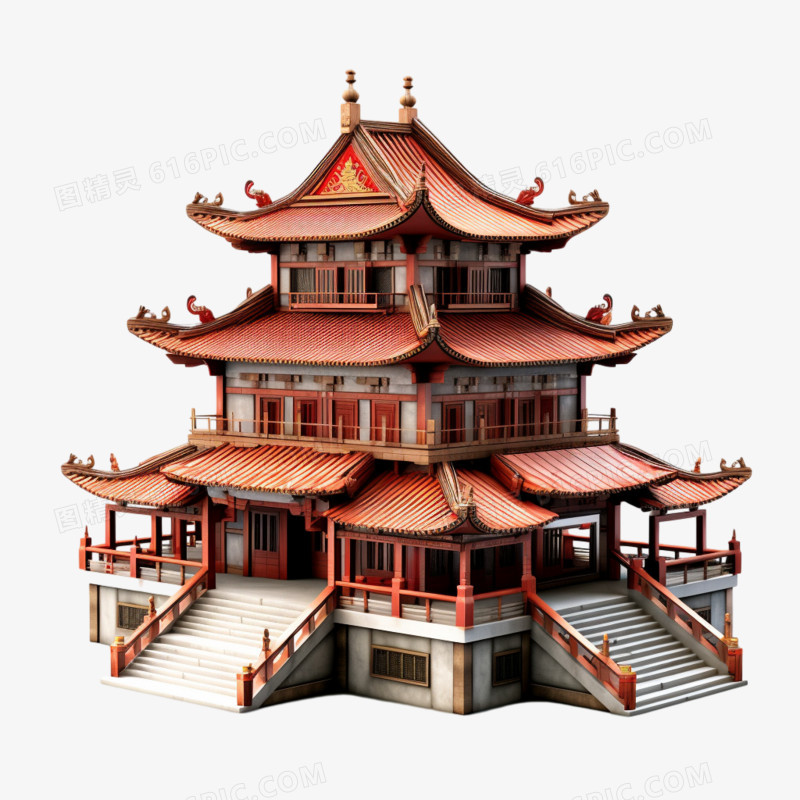 3d插画中国式建筑阁楼免抠素材