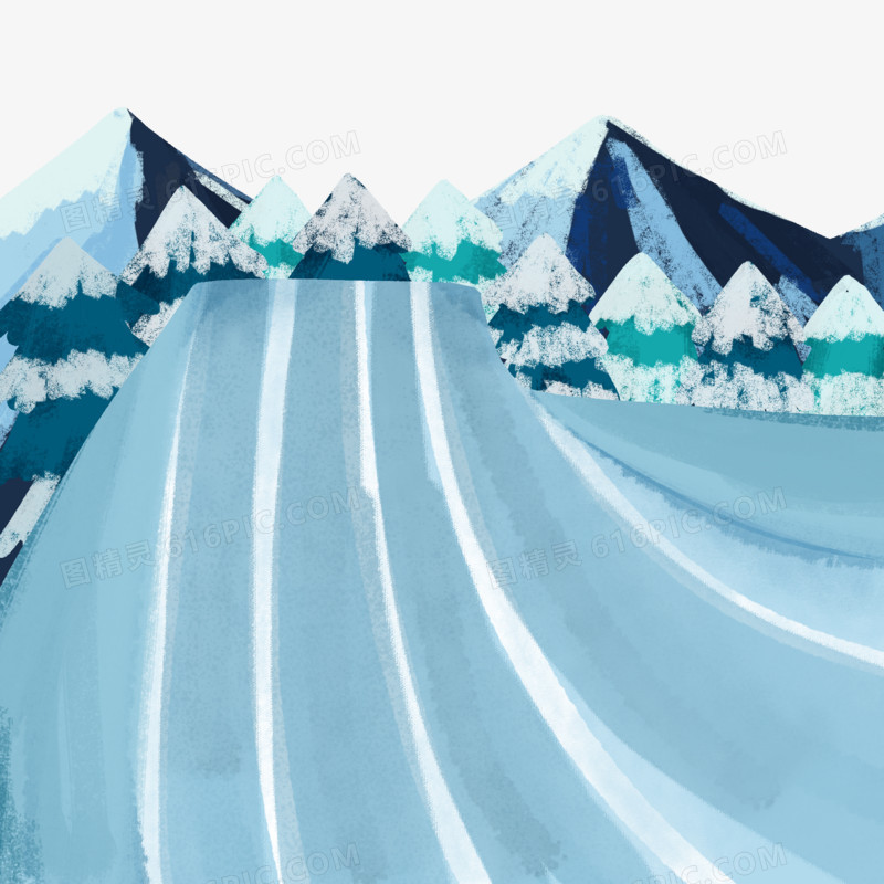 蜡笔风雪景树木滑雪场插画元素