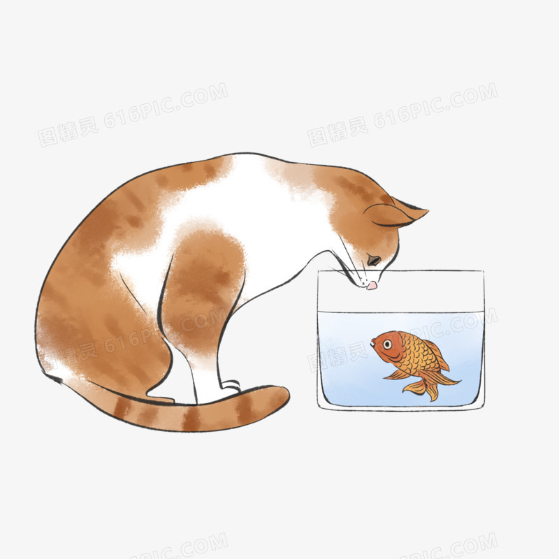 手绘猫和鱼水墨素材