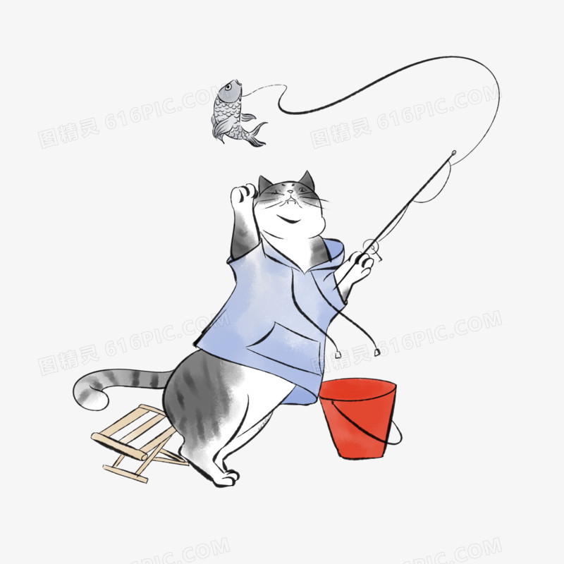 手绘拟人猫钓鱼水彩元素