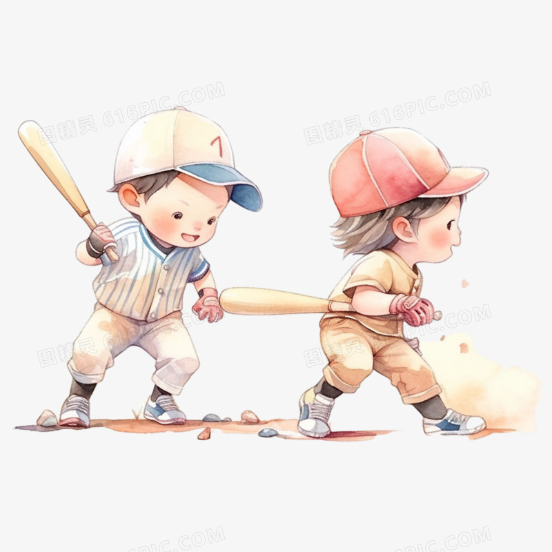 小朋友打棒球简约插画