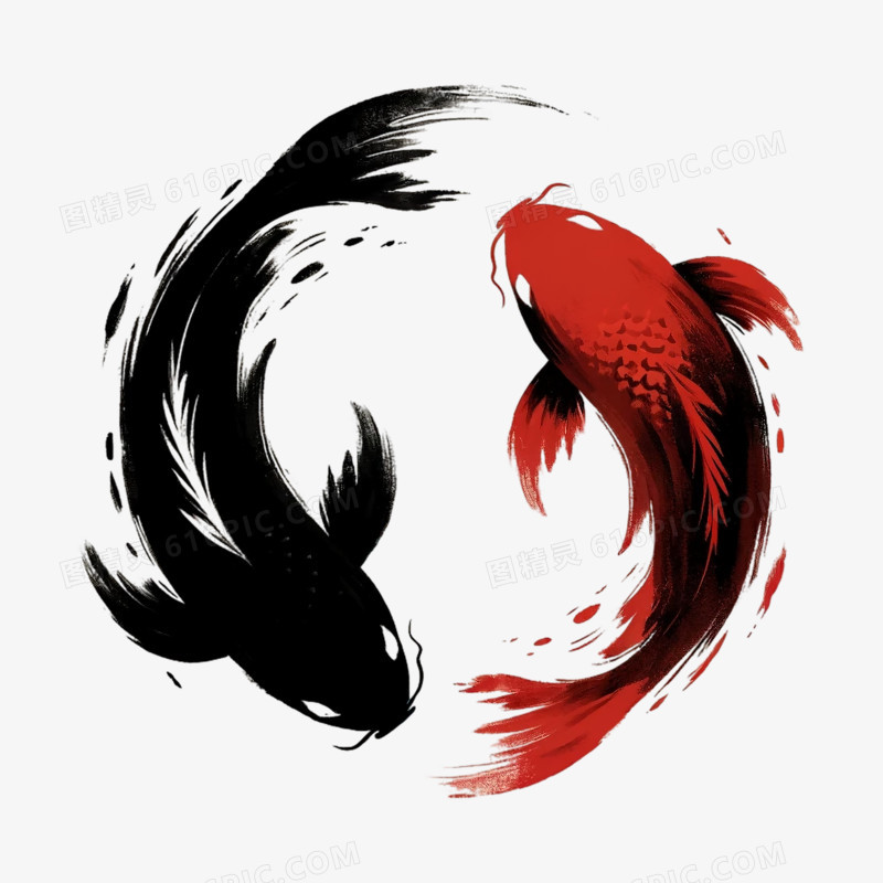 黑红锦鲤水墨中国风插画
