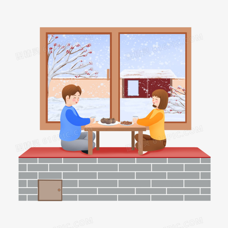 手绘两人一起坐在农村暖炕上赏雪